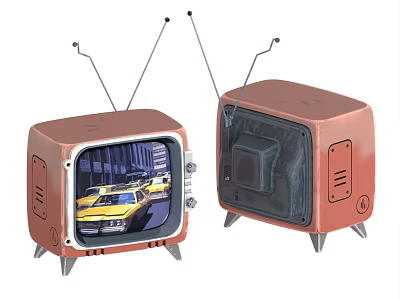 Two Vintage Copper Colored TVs With Antennas Showing Yellow Taxis On Screen 3d model
