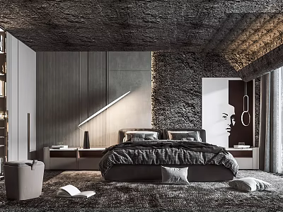 Modern Bedroom Interior With Comfortable Bed Wooden Wall Stone Texture Portrait Painting And Soft Carpet 3d model