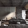 Modern Bedroom Interior With Comfortable Bed Wooden Wall Stone Texture Portrait Painting And Soft Carpet