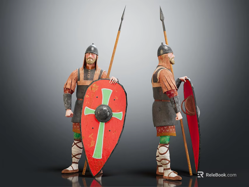 Medieval Warrior Characters Wearing Armor Holding Spears And Red Cross Shields 3d model