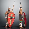 Medieval Warrior Characters Wearing Armor Holding Spears And Red Cross Shields 3d model