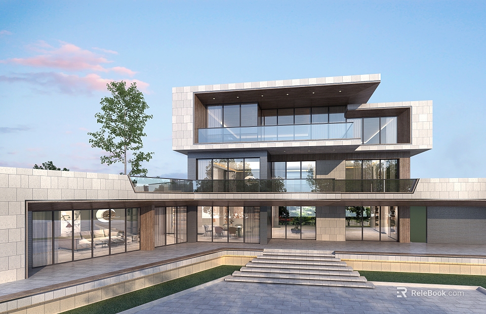 Modern Detached Villa With Large Glass Windows Multi Level Terrace And Courtyard Steps 3d model 
