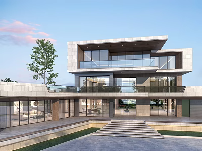 Modern Detached Villa With Large Glass Windows Multi Level Terrace And Courtyard Steps 3d model