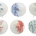 Ornamental Decor Set Featuring Six Oil Paper Umbrellas with Various Floral Bamboo Patterns