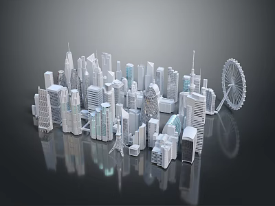 3D Rendered City Model with Tall Buildings and Ferris Wheel on Dark Reflective Surface 3d model