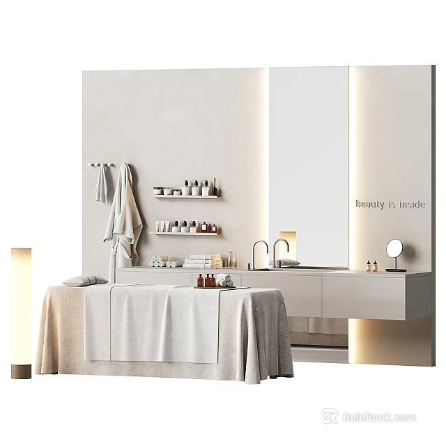 Simple Spa Massage Bed With Towel Shelf Mirror And Elegant Interior 3d model