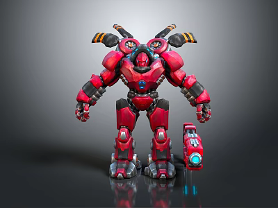 Red Mech Robot Character With Mechanical Structure Antennas And Glowing Blue Device 3d model