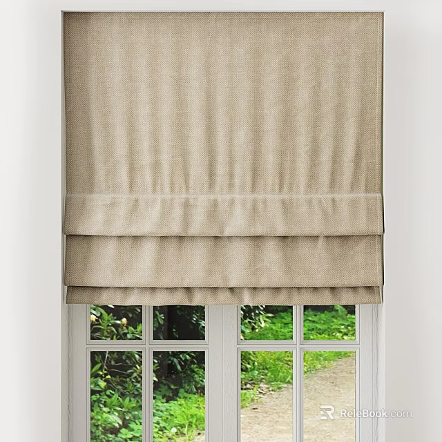 Beige Linen Roman Blinds For Window With Natural Green View Background 3d model 