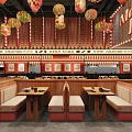 Traditional Hot Pot Restaurant Interior With Lanterns And Seating 3d model