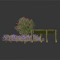 Garden Scene With Pink Flower Tree Purple Flowers Wooden Pergola And Woven Fence