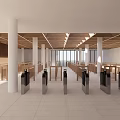 Modern Station Corridor With Wooden Railings Latticed Walls Concrete Ceiling And Natural Light