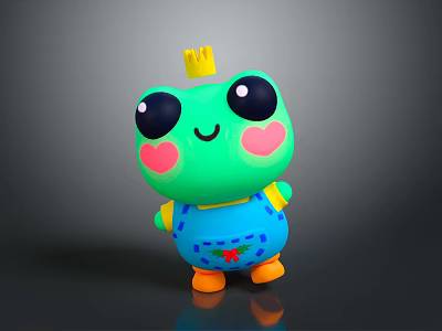 Cute Green Cartoon Frog Doll with Yellow Crown Pink Cheeks Blue Overalls and Orange Feet 3d model
