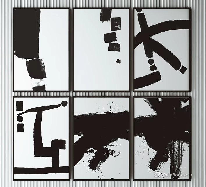 Black And White Abstract Art Six Panel Wall Decor Painting Set 3d model 