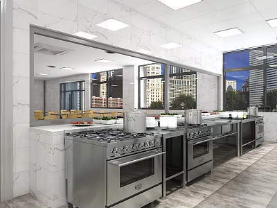 Modern Commercial Kitchen With Stainless Steel Appliances Marble Countertops Stovetops And Ovens 3d model