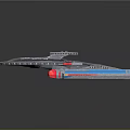 Spacecraft Model With Silver Body Blue Stripes Red Engine And Streamlined Design