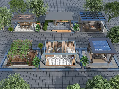 Various Designed Outdoor Rest Pavilions With Green Plants And Paved Ground 3d model