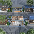 Various Designed Outdoor Rest Pavilions With Green Plants And Paved Ground