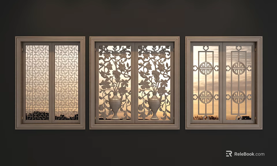 Intricate Traditional Chinese Lattice Windows With Floral Vase And Geometric Patterns 3d model 