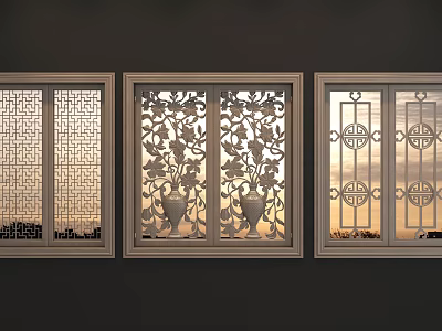 Intricate Traditional Chinese Lattice Windows With Floral Vase And Geometric Patterns 3d model