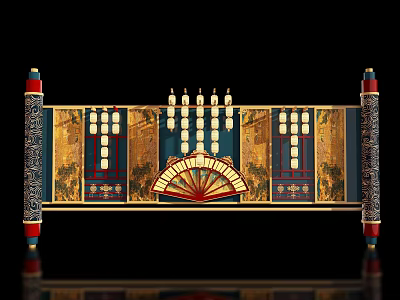 Traditional Chinese Photo Check-in Spot With Decorative Screen Carved Pillars And Fan Lanterns 3d model