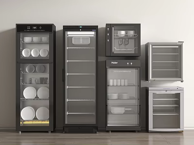 Different Kitchen Appliances With Glass Door Storage In Black And White Styles 3d model