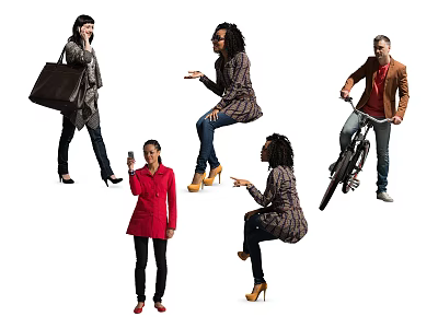Diverse Group of People in Various Poses Walking Talking and Riding Bicycle in Casual Outfits 3d model