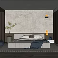 Modern Bedroom Interior Design With White Bed Frame Marble Accent Wall And Blue Pouf Chair