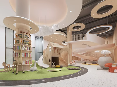 Kindergarten Interior Featuring Mushroom Shaped Wooden Bookshelves Slide Lawn Floor And Animal Toys 3d model