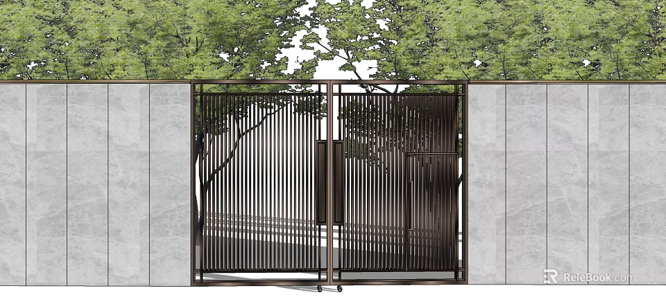 Modern Entrance Gate With Vertical Metal Slats Gray Concrete Walls And Green Trees 3d model 