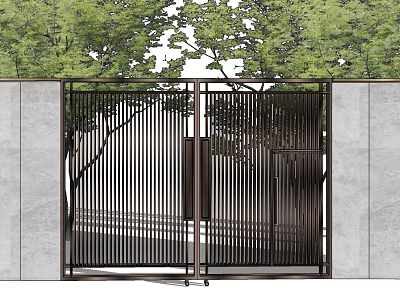 Modern Entrance Gate With Vertical Metal Slats Gray Concrete Walls And Green Trees 3d model