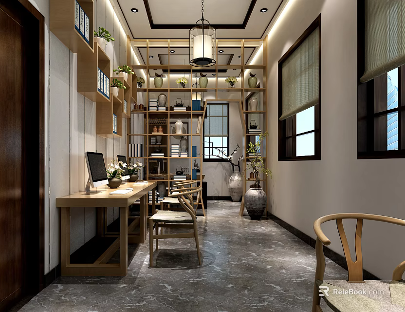 Chinese Style Office Interior Design Featuring Wooden Bookshelves Desk Chairs Hanging Lamp And Potted Plants 3d model 