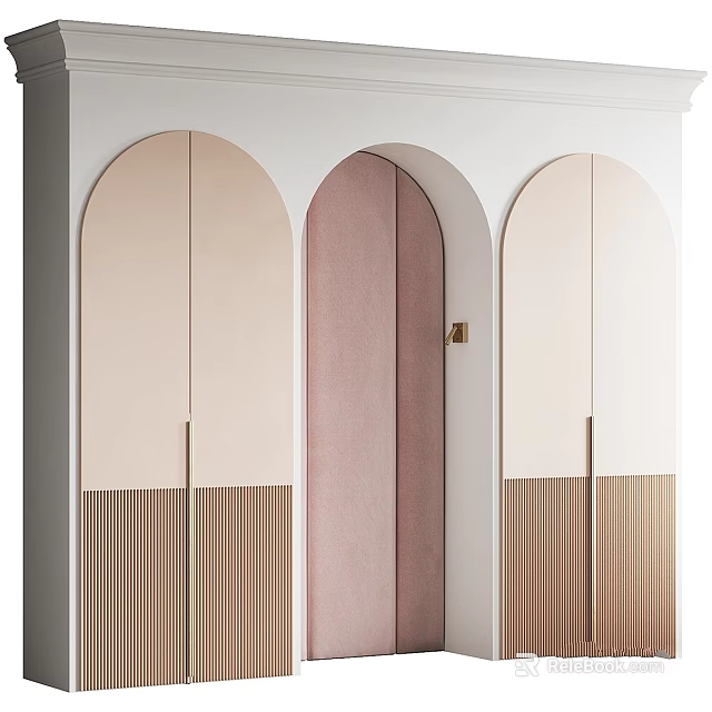 Modern Arched Wardrobe Design With Pink And Beige Panels Golden Handles And Vertical Striped Base 3d model 