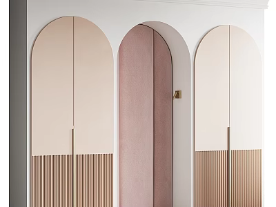 Modern Arched Wardrobe Design With Pink And Beige Panels Golden Handles And Vertical Striped Base 3d model