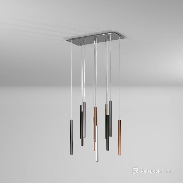 Modern Chandelier With Multiple Slender Cylindrical Lights In Various Colors Hanging From White Ceiling 3d model