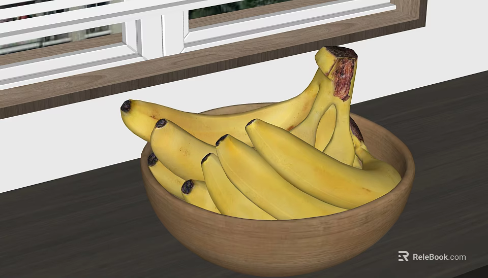 Fresh Ripe Bananas in Wooden Bowl on Dark Tabletop Near Window 3d model 