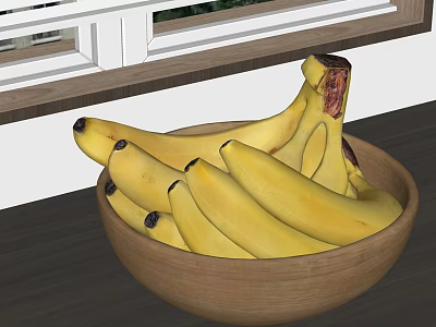 Fresh Ripe Bananas in Wooden Bowl on Dark Tabletop Near Window 3d model