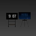 Smart TVs on Wheeled and Tripod Stands Display Time and Smart Home Control Icons