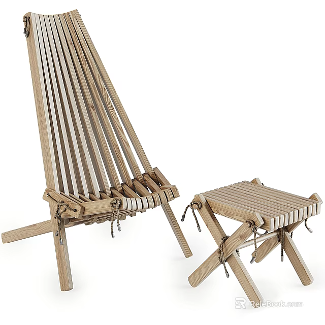 Natural Wooden Folding Lounge Chair With Matching Stool Outdoor Patio Design 3d model 