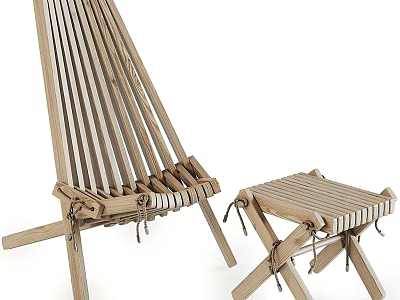 Natural Wooden Folding Lounge Chair With Matching Stool Outdoor Patio Design 3d model