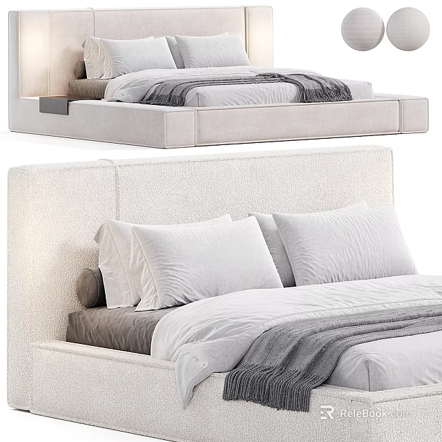 Modern Minimalist Double Bed With Upholstered Headboard White Pillows And Gray Throw 3d model 