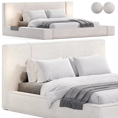 Modern Minimalist Double Bed With Upholstered Headboard White Pillows And Gray Throw 3d model