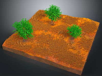 Square Landscape With Orange Brown Ground Three Green Trees And Dry Grass 3d model