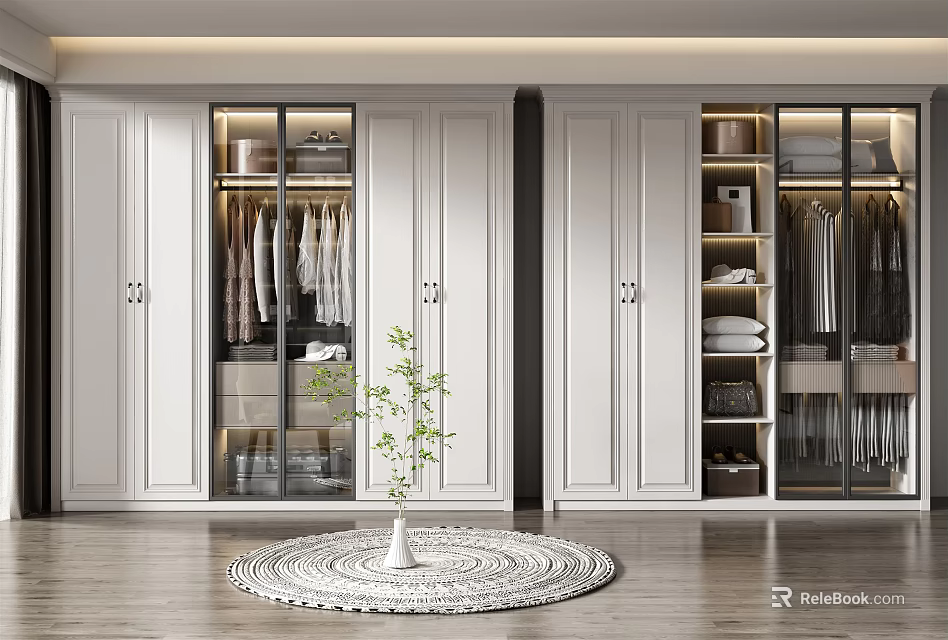 Modern White Wardrobe Interior Design With Glass Doors And Storage Shelves 3d model 