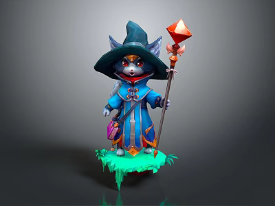 Fantasy Cat Wizard Creature In Blue Robe Holding Magic Staff On Green Base 3d model