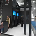 Black White Modern Exhibition Booth With Open Structure Ceiling Lights Display Images and Blue Carpet Area