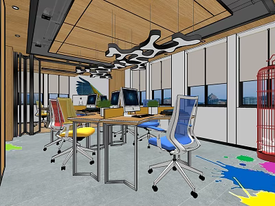 Modern Open Public Office Space Featuring Colorful Chairs Computers Desks Hanging Lights And Windows 3d model