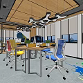 Modern Open Public Office Space Featuring Colorful Chairs Computers Desks Hanging Lights And Windows