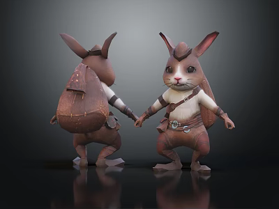 3D Game Movie Rabbit Characters With Backpacks Holding Hands As Adventure Companions 3d model