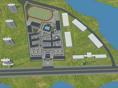 Aerial View Of Campus With Classroom Buildings Sports Field Greenery And River 3d model