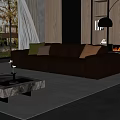 Modern Living Room Interior With Brown Leather Sofa Throw Pillows Floor Lamp And Fireplace